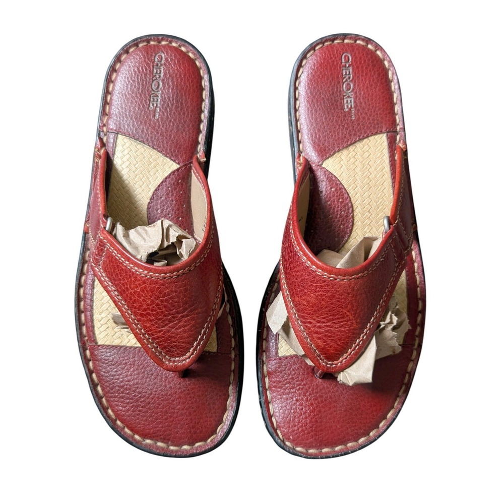 Cherokee Vintage 90s Boho Earthy OxBlood Woven Straw Leather Thong Sandals